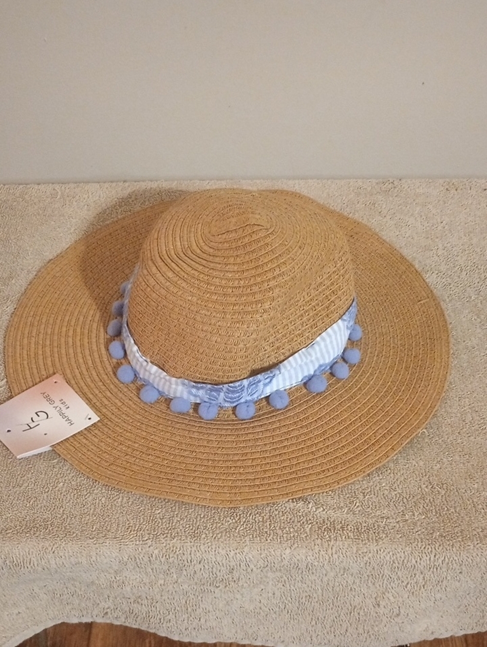 Kids Spring Infants Straw Sun Hat with Blue Pom-Pom Trim 18 months